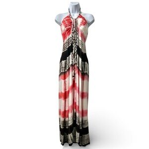 Anthropologie Chaudry Halter Tie Dye Pink Brown Maxi Dress L Resort Boho Cruise